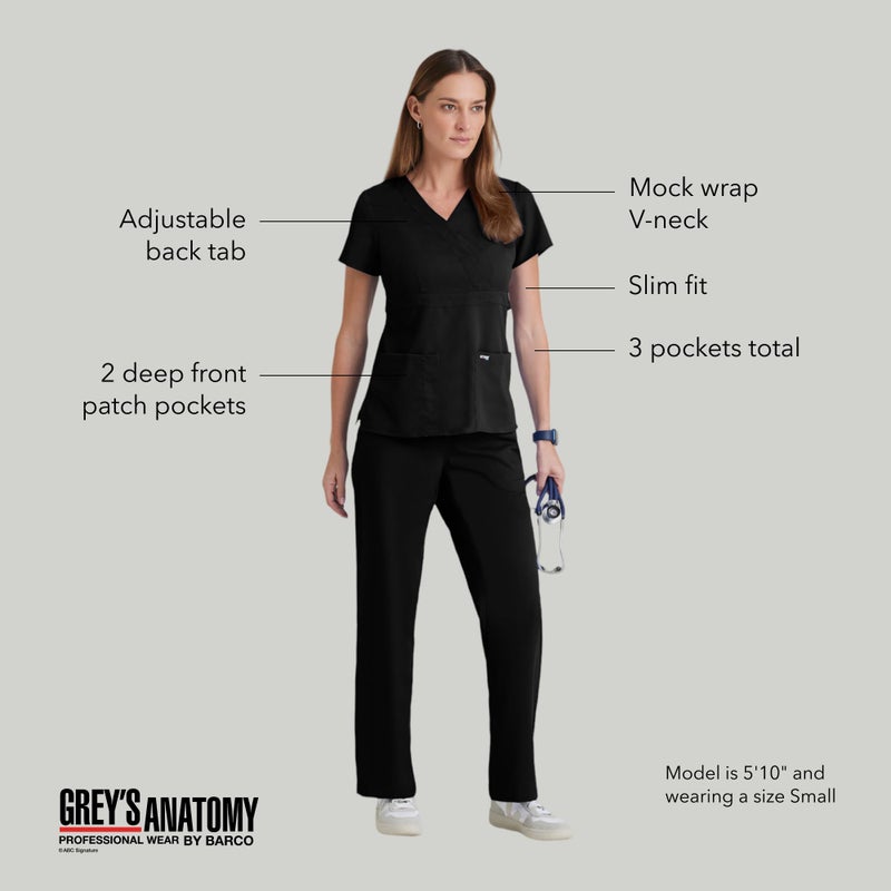 Barco Grey's Anatomy Women's Junior Fit 3 Pocket Mock Wrap Scrub Top, Black, Small - Image 4